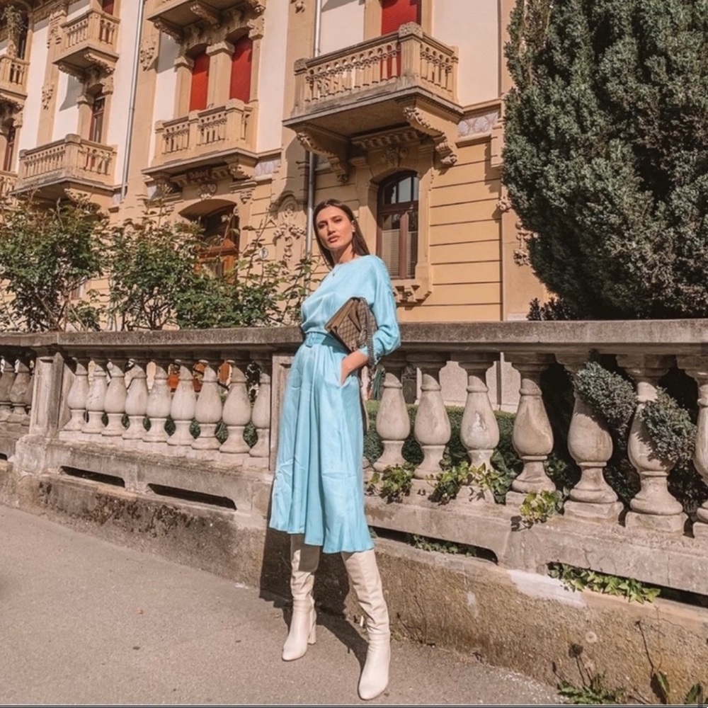 ZARA Baby Blue Belted Satin Effect Midi Dress - Picture 4 of 14